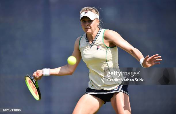 Kateryna Kozlova of Ukrainian serves during qualifying match against on Day 1 of the Viking Open at Nottingham Tennis Centre on June 05, 2021 in...