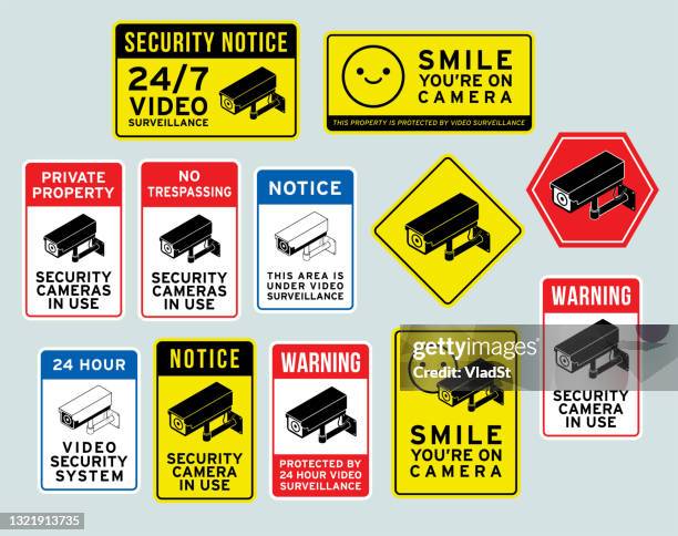 stockillustraties, clipart, cartoons en iconen met beveiligingsbewaking camera waarschuwingsborden vectorillustratie - bewakingscamera