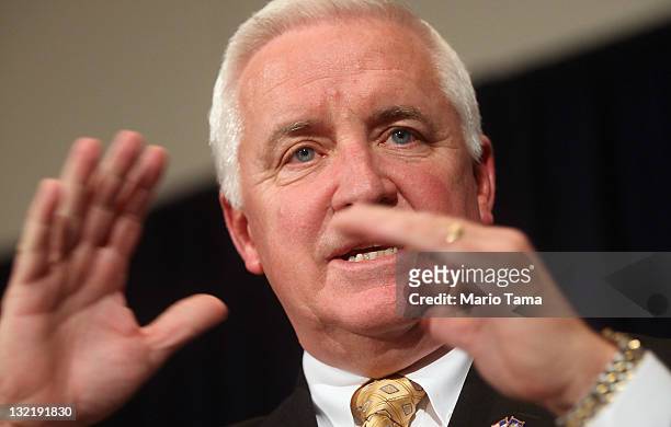 Pennsylvania Governor Tom Corbett speaks at a news conference following a night of rioting in response to the firing of head football coach Joe...