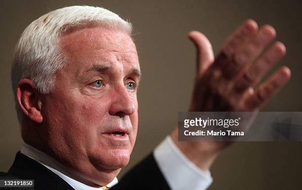 Pennsylvania Governor Tom Corbett speaks at a news conference following a night of rioting in response to the firing of head football coach Joe...