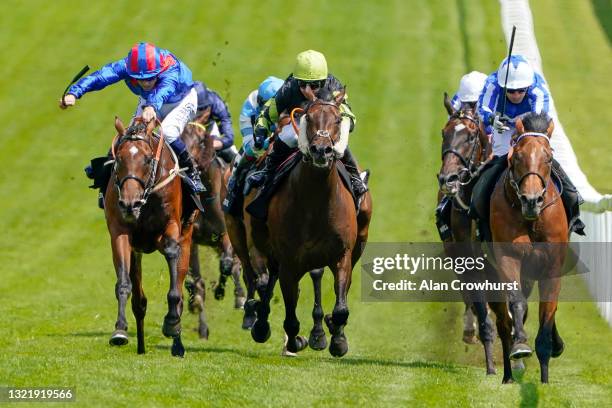 Hayley Turner riding Solent Gateway win The World Pool At The tote Handicap at Epsom Racecourse on June 05, 2021 in Epsom, England. Due to the...