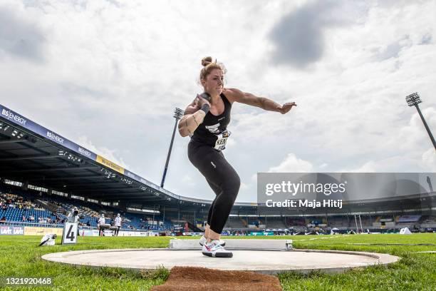 Alina Kenzel competes during the Shot Put women's final competition of the German Athletics Championships 2021 at Eintracht Stadion on June 05, 2021...