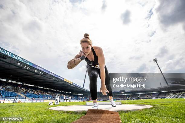 Alina Kenzel competes during the Shot Put women's final competition of the German Athletics Championships 2021 at Eintracht Stadion on June 05, 2021...