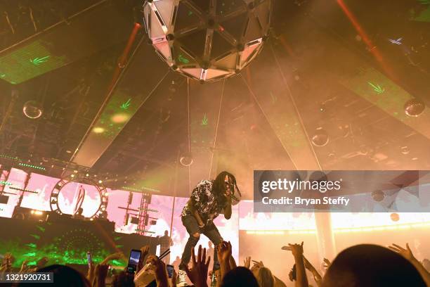 Recording artist Wiz Khalifa performs during the grand reopening of Drai’s Beach Club – Nightclub at The Cromwell Las Vegas on June 04, 2021 in Las...