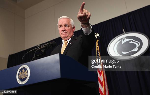 Pennsylvania Governor Tom Corbett speaks at a news conference following a night of rioting in response to the firing of head football coach Joe...