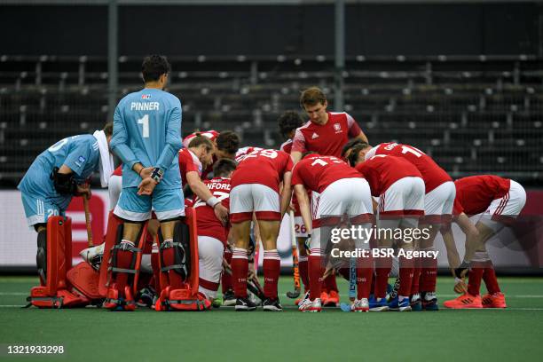 Goalkeeper George Pinner of England, Tom Sorsby of England and players of England before the match during the Euro Hockey Championships match between...