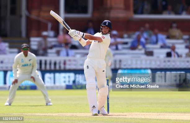 Stuart Broad of England hits a six during Day 4 of the First LV= Insurance Test Match between England and New Zealand at Lord's Cricket Ground on...
