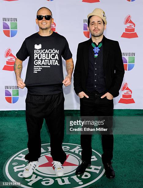 Singer Rene Perez Joglar and musician Eduardo Cabra Martonez of the group Calle 13 arrives at the 12th annual Latin GRAMMY Awards at the Mandalay Bay...
