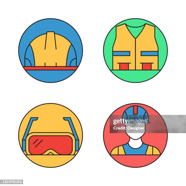 work safety related flat line icons. vector symbol illustration. - construction inspector stock illustrations