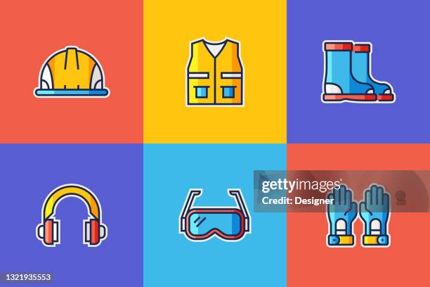 work safety related flat line icons. vector symbol illustration. - construction worker mask stock illustrations