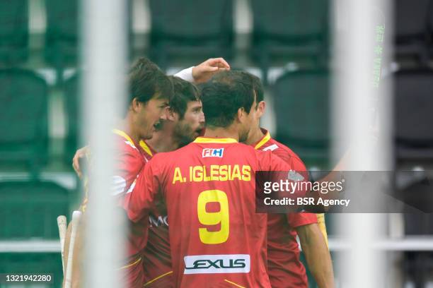 Jose Basterra of Spain celebrates after scoring his sides first goal with Alvaro Iglesias of Spain during the Euro Hockey Championships match between...
