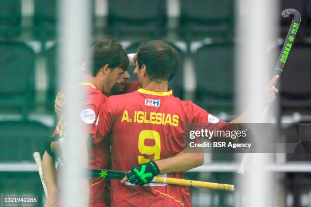 Jose Basterra of Spain celebrates after scoring his sides first goal with Alvaro Iglesias of Spain during the Euro Hockey Championships match between...