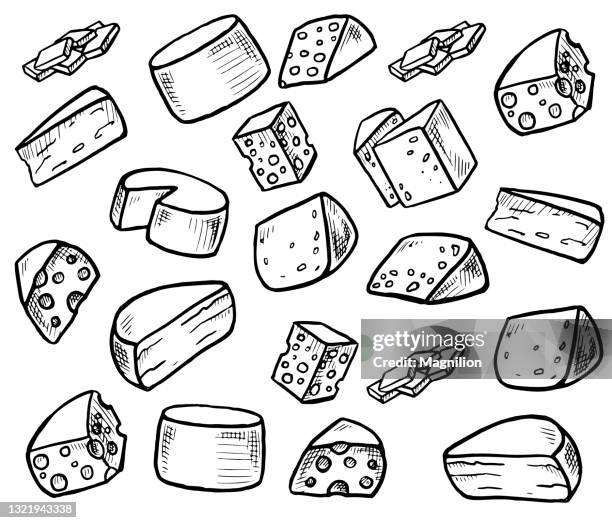 illustrazioni stock, clip art, cartoni animati e icone di tendenza di set doodle formaggio a pasta dura - ricotta