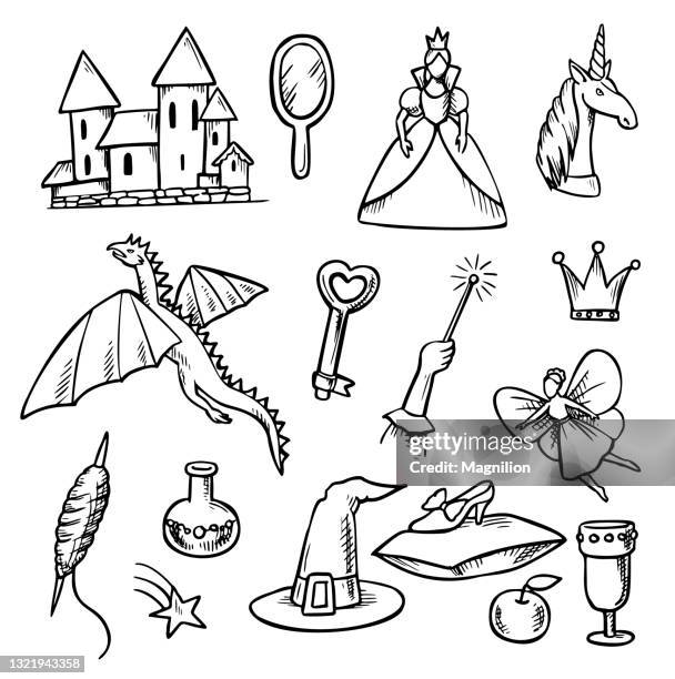 illustrations, cliparts, dessins animés et icônes de world of fantasy and magic doodle set - château
