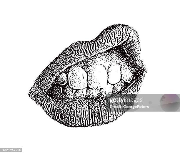 stockillustraties, clipart, cartoons en iconen met sluit omhoog van de lippen en de tanden van de vrouw - lips