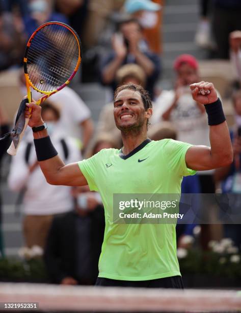 Rafael Nadal of Spain celebrates after winning his Men's Singles third round match against Cameron Norrie of Great Britain on day seven of the 2021...