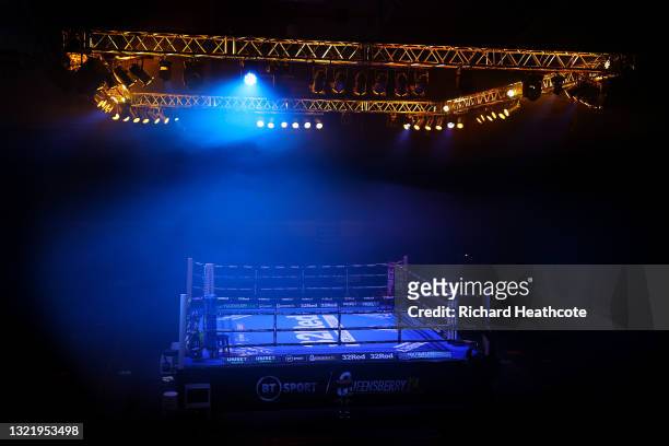 The ring sits empty before the first fight of the night at Telford International Centre on June 05, 2021 in Telford, England.