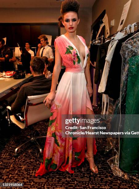 Hand painted silk, "Hibicus" dress by Leila Hafzi. Behind the scenes look at the fashions of Global Green's 5th Annual Gorgeous and Green Gala in San...