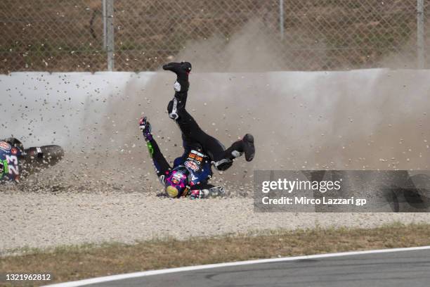 Enea Bastianini of Italy and Esponsorama Racing crashed out during the MotoGP of Catalunya - Qualifying at Circuit de Barcelona-Catalunya on June 05,...