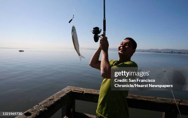 James Tran, of San Francisco pulls in a Smelt while fishing off the Sunrise Point pier at the Candlestick Point recreation area, in San Francisco,...