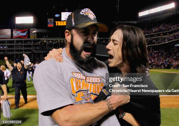 Brian Wilson and Tim Lincecum celebrate as the San Francisco Giants take game 5 to win the 2010 World Series over the Texas Rangers on Monday Nov. 1,...