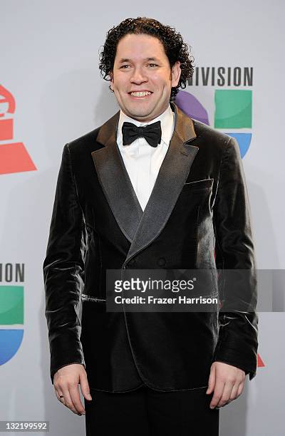 Composer Gustavo Dudamel poses in the press room during the 12th Annual Latin GRAMMY Awards held at the Mandalay Bay Resort & Casino on November 10,...