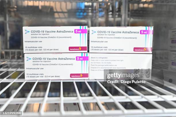 The box containing the AstraZeneca vaccine in the Reale Mutua Vaccination Hub on June 05, 2021 in Turin, Italy. The night-time vaccine hub has been...