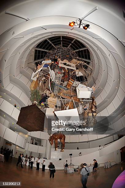 View of the Maurizio Cattelan installation at the 2011 Guggenheim International gala at the Guggenheim Museum on November 10, 2011 in New York City.