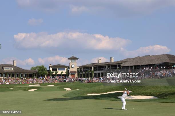 Patrick Cantlay of the United States plays a shot on the 18th hole during the third round of The Memorial Tournament at Muirfield Village Golf Club...