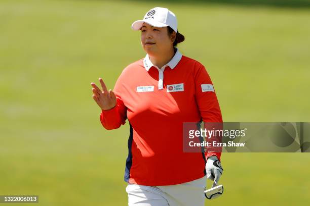 Shanshan Feng of China reacts to a putt on the fifth hole during the third round of the 76th U.S. Women's Open Championship at The Olympic Club on...