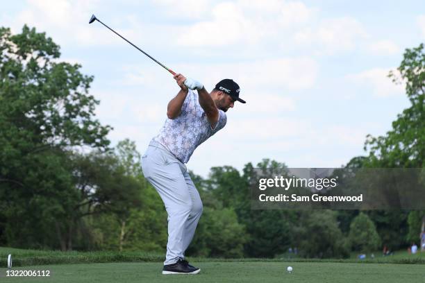 Jon Rahm of Spain plays his shot from the 18th tee during the third round of The Memorial Tournament at Muirfield Village Golf Club on June 05, 2021...