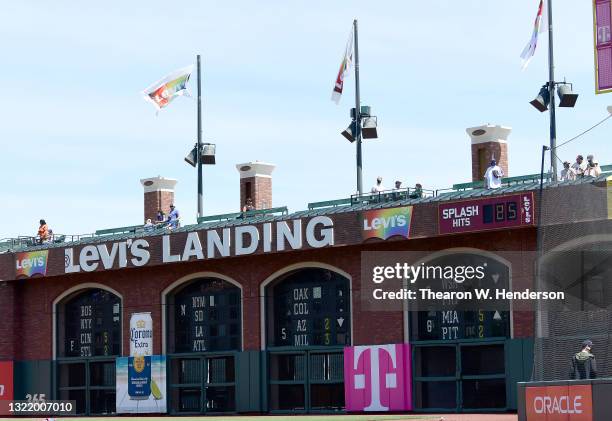 Detailed view of Levi's Landing, the right field wall inside Oracle Park, with the Levi's flags and logos dressed in rainbow colors that symbolize...