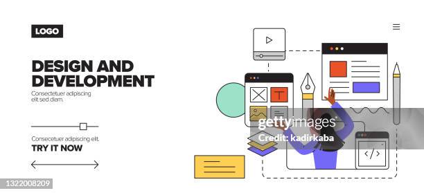 design and development concept for landing page, website banner, online advertising, advertising and marketing material - digital marketing tools stock illustrations