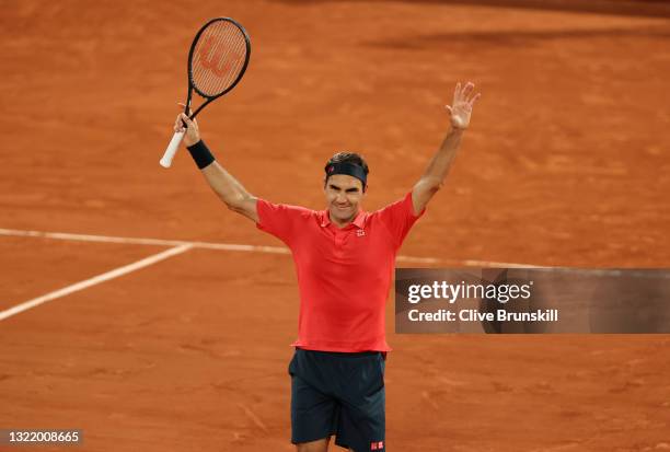Roger Federer of Switzerland celebrates after winning match point during his Men's Singles third round match against Dominik Koepfer of Germany on...