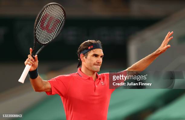 Roger Federer of Switzerland celebrates after winning match point during his Men's Singles third round match against Dominik Koepfer of Germany on...