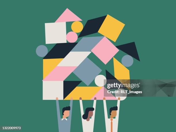 ilustrações de stock, clip art, desenhos animados e ícones de illustration of business team lifting balanced shape blocks - three people