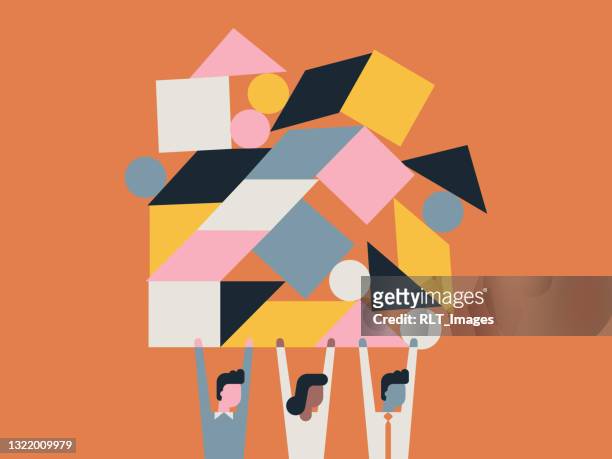 illustration of business team lifting balanced shape blocks - diversity concepts stock illustrations