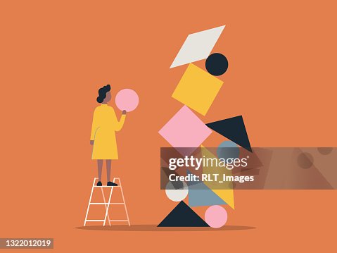 Illustration of person building with balanced shape blocks Illustration of person building with balanced shape blocks