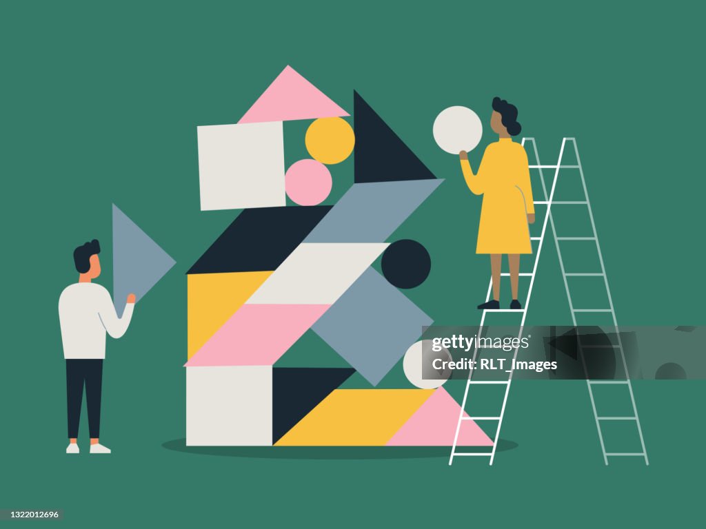 Illustration of people building with balanced shape blocks