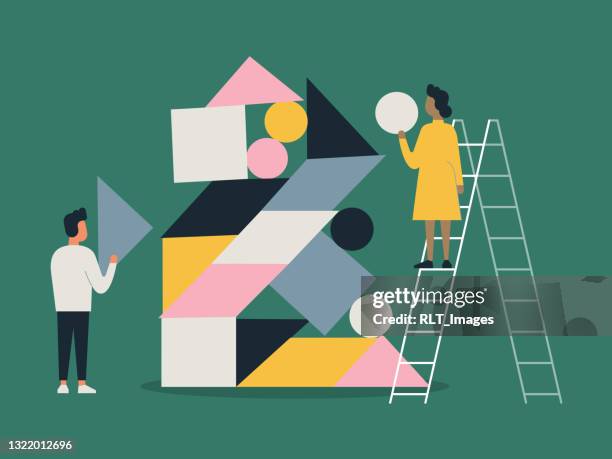 illustration of people building with balanced shape blocks - wood block stock illustrations