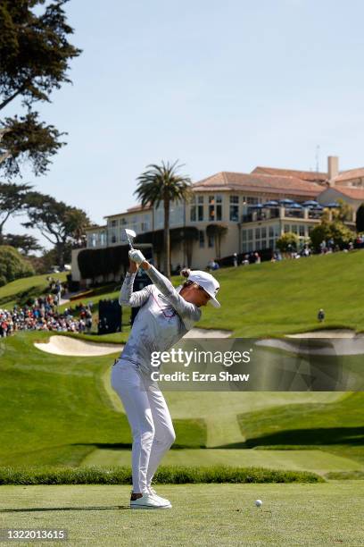 Mel Reid of England hits her tee shot on the eighth hole during the third round of the 76th U.S. Women's Open Championship at The Olympic Club on...