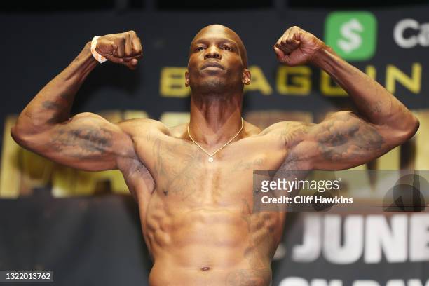 Former NFL player Chad Johnson takes part in the weigh-in ahead of his June 6 exhibition boxing match against Brian Maxwell on June 5, 2021 at Hard...
