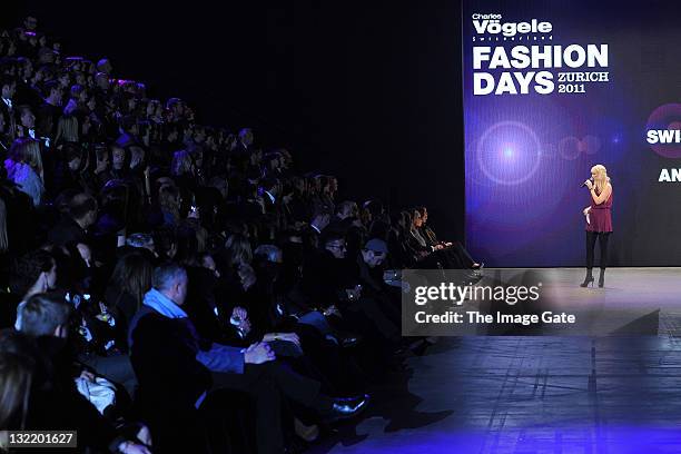 Claudia Laesser delivers a speech during the second day of the Charles Voegele Fashion Days on November 10, 2011 in Zurich, Switzerland.