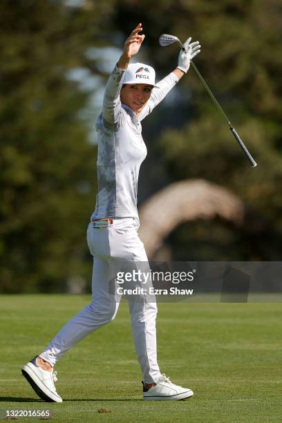 Mel Reid of England hits her second shot in for an eagle on the 11th hole during the third round of the 76th U.S. Women's Open Championship at The...
