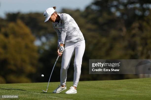 Mel Reid of England hits her second shot in for an eagle on the 11th hole during the third round of the 76th U.S. Women's Open Championship at The...