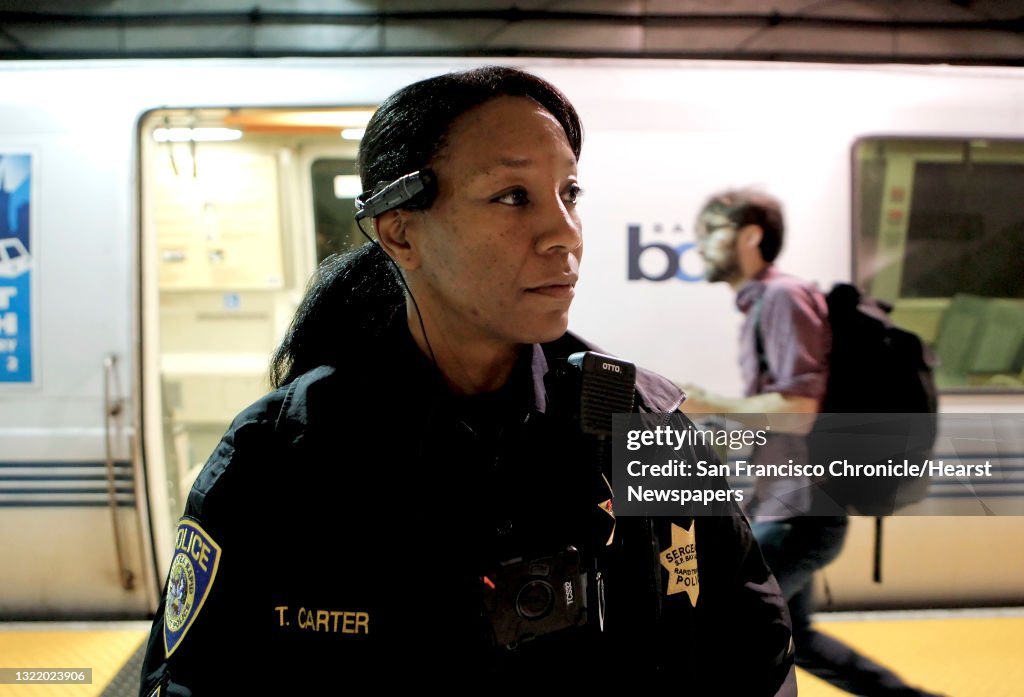 Sergeant Tanzanika Carter with the BART police force, wears the Axon Taser Flex video camera while on patrol in the Embarcadero BART station in San Francisco, Ca., on Wednesday Nov. 20, 2013. San Francisco Police officers will also start using the body mo