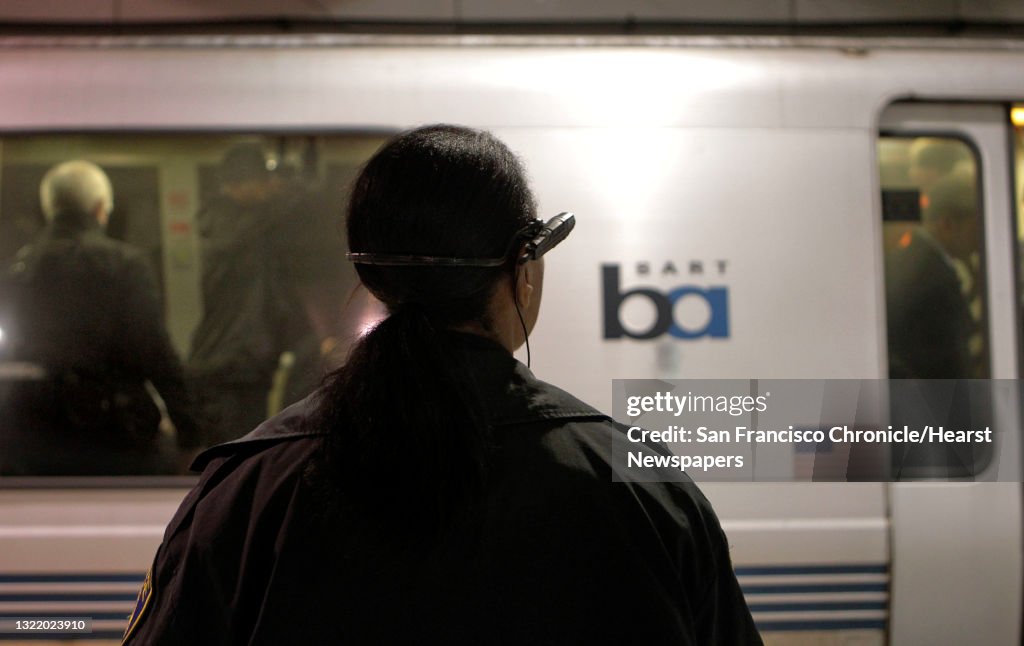 Sergeant Tanzanika Carter with the BART police force, wears the Axon Taser Flex video camera while on patrol in the Powell Street BART station in San Francisco, Ca., on Wednesday Nov. 20, 2013. San Francisco Police officers will also start using the body