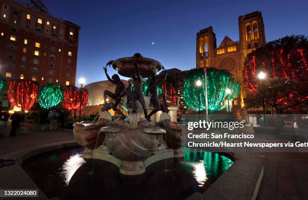 The Huntington Park Christmas display in the shadow of the Hotel Huntington, and Grace Cathedral as seen on Thursday Dec. 5 in San Francisco, Ca....