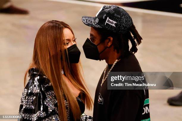 Beyoncé and Jay-Z are seen during Game One of the Eastern Conference second round series between the Brooklyn Nets and the Milwaukee Bucks at...