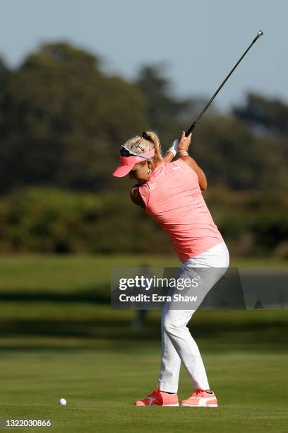 Lexi Thompson of the United States hits from the fairway on the 17th hole during the third round of the 76th U.S. Women's Open Championship at The...